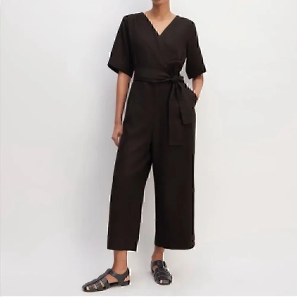 NEW Everlane The Linen Cross Front Jumpsuit Black 6 Sustainable Minimalist